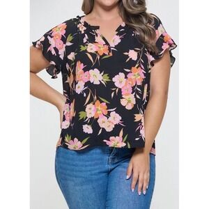 West K Womens Ruffle‎ Short Sleeve V Neck Floral Blouse Sz L